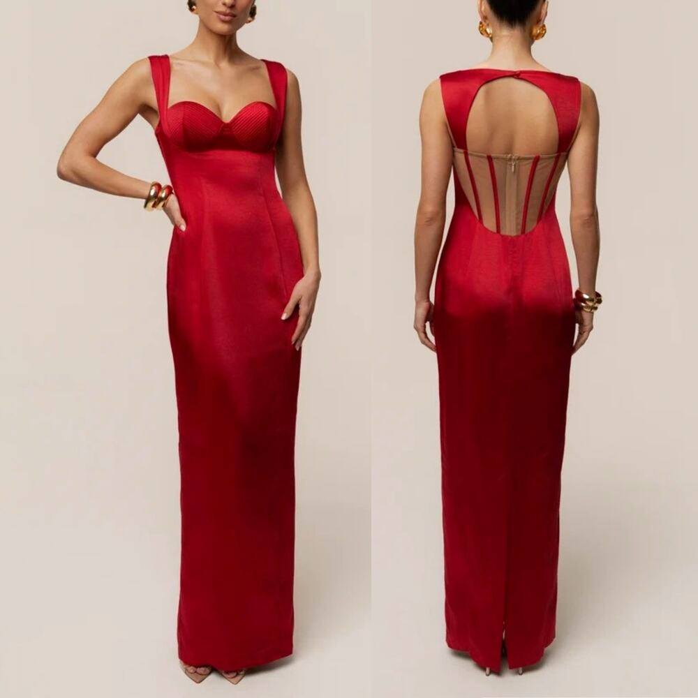 JLUXLABEL Red Amour Satin Maxi Dress Sweetheart Neck Open Back Sleeveless XS NWT